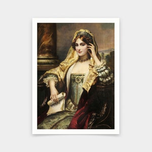 May include: A woman in a gold and red gown sits in a chair, holding a scroll. She wears a crown and a veil, and her hair is pulled back. The painting is set against a dark background.