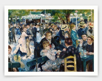 May include: A painting depicting a bustling outdoor scene with people dancing and socializing. The painting is done in a vibrant Impressionist style with a focus on capturing the movement and energy of the scene. The colors are bright and bold, with a mix of blues, greens, and yellows. The painting is set in a park or garden, with trees and foliage in the background.