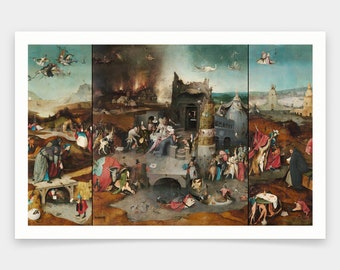May include: A triptych painting depicting a scene of chaos and destruction. The central panel shows a city in flames, with people fleeing in terror. The left panel shows a group of people being led to their deaths, while the right panel shows a group of people being tortured. The painting is full of symbolism and allegory, and is a powerful commentary on the nature of sin and damnation.