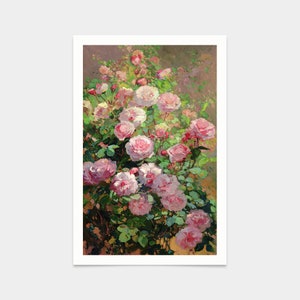May include: A painting depicting a cluster of pink roses in full bloom. The roses are arranged in a cascading pattern, with the largest blooms at the top and smaller blooms at the bottom. The roses are surrounded by green leaves and stems.