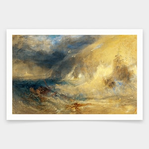 May include: A framed print of a dramatic seascape painting. The artwork depicts a turbulent ocean with crashing waves, a dark, stormy sky, and a shipwreck. The color palette includes shades of blue, yellow, and brown, creating a sense of movement and chaos.