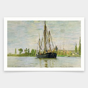 May include: A framed print of a painting depicting a black sailboat on a river. The artwork features a cloudy sky, green trees, and a green and white building in the background. The artist's signature is in the bottom right corner.