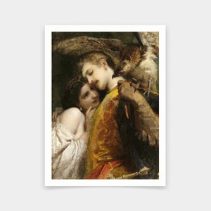 May include: A painting depicting a man and woman embracing, with a falcon perched on the man's arm. The man is wearing a yellow and red patterned jacket, while the woman is wearing a white dress. The falcon is brown and white with a dark beak.