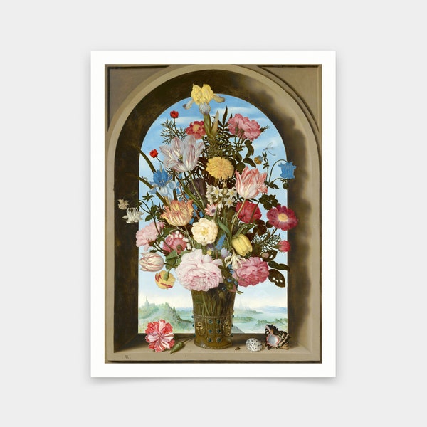Ambrosius de Oudere Bosschaert, Vaas met bloemen in een venster circa 1618, kunstafdrukken, Vintage kunst, canvas kunst aan de muur, beroemde kunstafdrukken, V5302