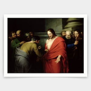 Może przedstawiać: Malowidło przedstawiające scenę z Biblii, ukazujące Jezusa Chrystusa w czerwonej szacie otoczonego grupą mężczyzn. Mężczyźni są ubrani w różne odcienie brązu i błękitu. Obraz jest umieszczony na ciemnym tle z nutą światła pochodzącego z prawej strony obrazu.