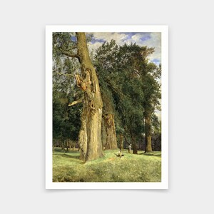 May include: A painting of a forest scene with tall trees and a group of people in the distance. The trees are mostly green, with some brown branches and leaves. The people are small and indistinct, but they appear to be walking through the forest.