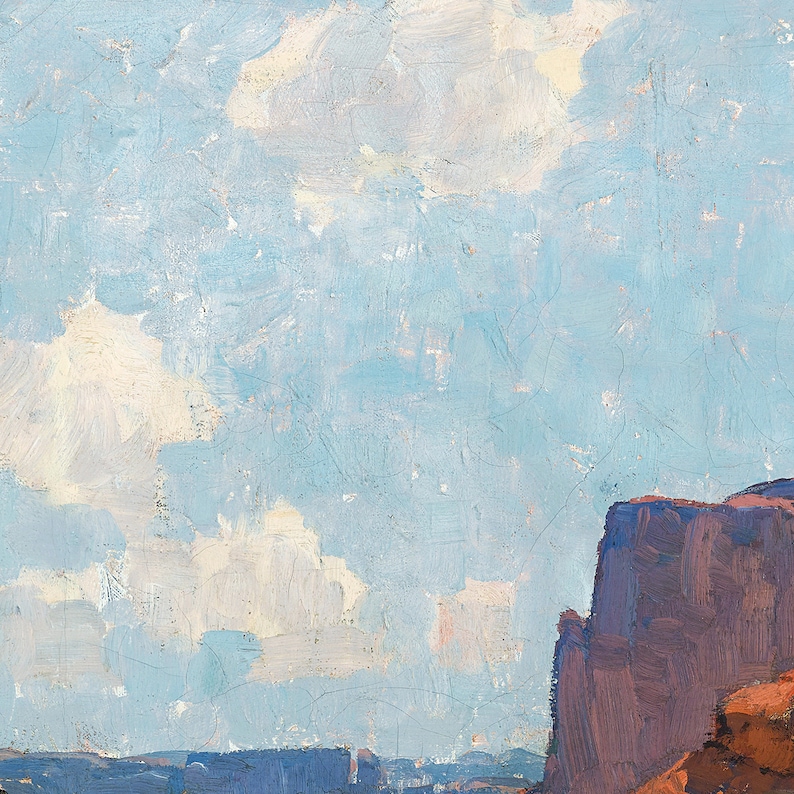 Pode incluir: Uma pintura de uma paisagem des&eacute;rtica com uma grande forma&ccedil;&atilde;o rochosa vermelha em primeiro plano. O c&eacute;u &eacute; azul claro com nuvens brancas.