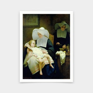 May include: A painting depicting three figures in a room. A woman in a white habit and wimple sits holding a young child in her lap. The child is wearing a white nightgown and is asleep. A second woman in a black habit and wimple stands behind them, holding a small bottle and a bowl. The painting is set in a dimly lit room with a wooden table and chairs.