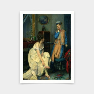 May include: Two women in a room, one in a white dress is putting on a stocking while the other woman in a blue and gold dress looks on.