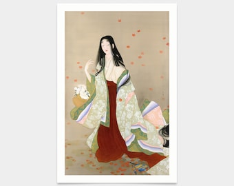 上村松園、花籠、能楽、芸者の肖像画、アートプリント、ビンテージアート、キャンバスウォールアート、有名なアートプリント、2V144