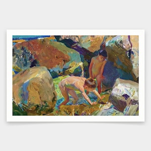 May include: A painting of two children playing in the water near large rocks. The children are nude and the water is a vibrant blue-green. The rocks are a mix of brown, orange, and purple. The painting is done in a loose, impressionistic style.