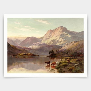 May include: A painting of a Scottish landscape with a lake in the foreground and mountains in the background. The lake is reflecting the sky and mountains. There are four cows drinking from the lake.