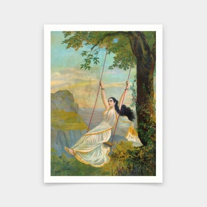 Raja Ravi Varma,Mohini or Temptress,Beautiful woman swinging on a swing,art prints,Vintage art,canvas wall art,famous art prints,V6670