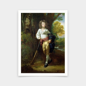 May include: A painting of a young boy in a white shirt and brown pants holding a cricket bat and ball. He is standing in a wooded area with a tree behind him.