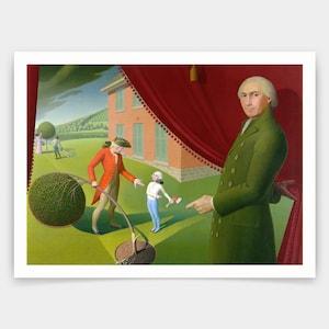 Puede incluir: Una pintura que representa una escena con un hombre con un abrigo verde, un hombre con un abrigo rojo y un niño pequeño que sostiene un hacha. La escena se desarrolla en un jardín con una cortina roja que se ha corrido para revelar la escena.