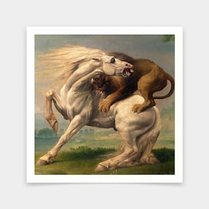 May include: A white horse with a flowing mane is being attacked by a brown lion. The lion has its claws dug into the horse's back and is biting its neck. The horse is rearing up in an attempt to escape.