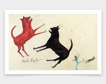 Bill Traylor, Two Dogs Fighting, Man Chasing Dog, 1939-1942, impresiones de arte, arte vintage, arte de pared de lienzo, grabados de arte famosos, V1061