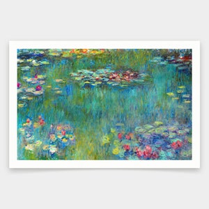 May include: A painting of a pond with water lilies. The water is a vibrant blue-green color, and the lilies are pink, white, and yellow. The background is a soft green.