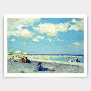 Puede incluir: Una pintura que representa una escena de playa con personas relajándose en la arena bajo un cielo azul brillante con nubes blancas esponjosas. El agua es de un azul claro y hay algunas pequeñas olas.
