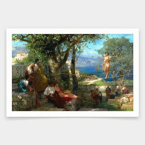 May include: A group of people are gathered in a garden setting, watching a person walk on a tightrope. The person is dressed in a simple garment and is holding a staff. The scene is set against a backdrop of lush greenery and a distant blue sea.