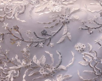 Embroidered Sequin Lace - White