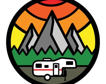 Scamp 19ft 5th Wheel Mountain Thicklines Art Custom Tire Cover