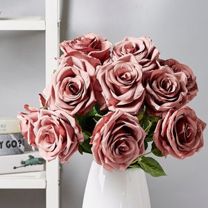 Dusty Rose Flowers with Stem, Artificial Silk Flowers Dusty Rose Wedding Decoration,Flowers for Wedding Bouquets Centerpieces Decor 10pcs