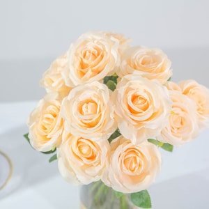 12pcs Champagne Artificial Silk Roses Real Looking Artificial Roses for Wedding Bouquets Floral Leaf Centerpieces with long stems