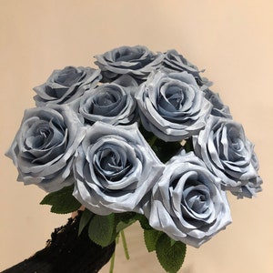 Dusty Blue Flowers with Stem, Artificial Silk Flowers Dusty Rose Wedding Decoration,Flowers for Wedding Bouquets Centerpieces Decor 10pcs