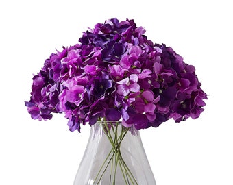 Silk Hydrangea Flower Head 10pcs Big Fake Hydrangea Artificial Hydrangea for Wedding Centerpieces Decorations with Stems-Dark Purple