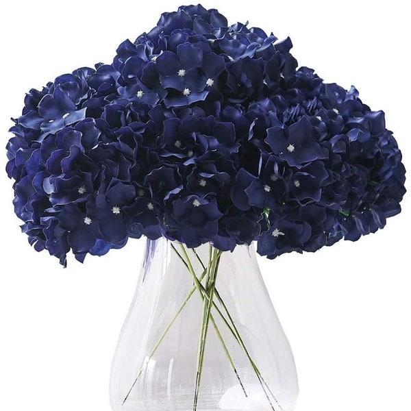 Navy Blue Silk Hydrangea Flower Head 10pcs Big Fake Hydrangea Artificial Hydrangea for Wedding Ceremony Centerpieces Decorations with Stems