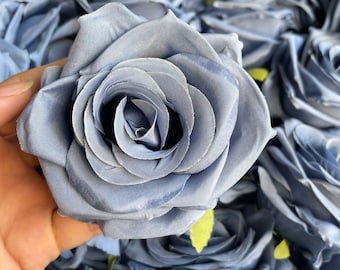 Wholesale Dusty Steel Blue Artificial Rose Heads, 9cm High Quality Roses Head Only Wedding Flowers Dusty Blue Roses Head Set, Fake Roses