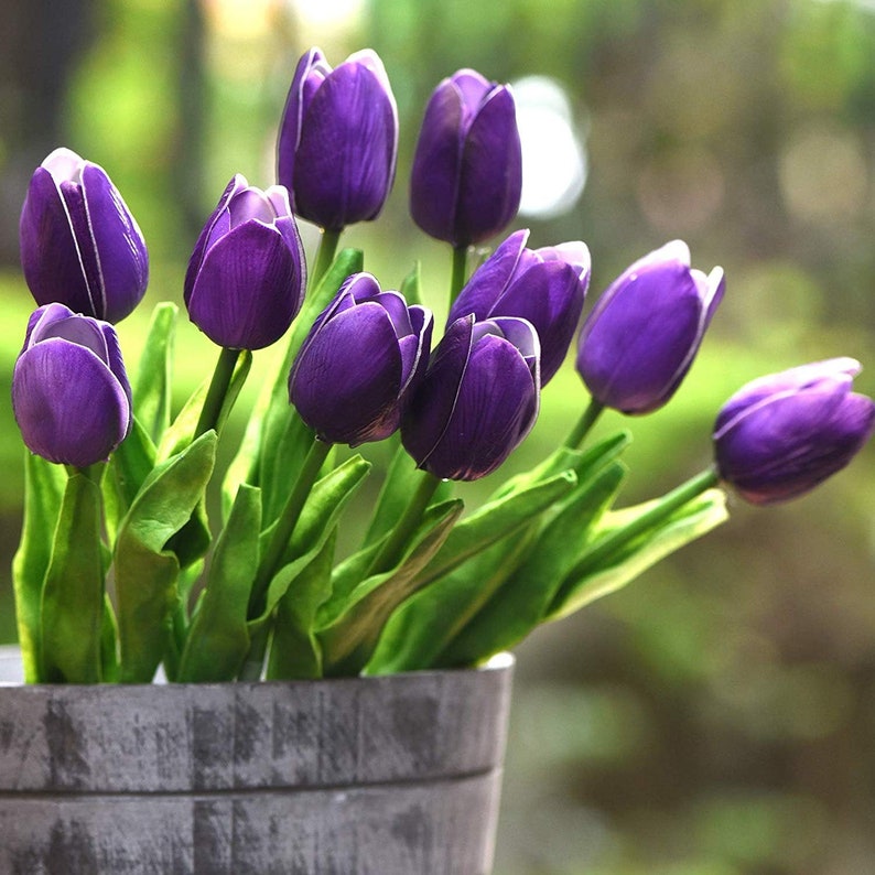 May include: A bouquet of purple tulips in a gray planter. The tulips are arranged in a fan shape with the stems extending out from the center.