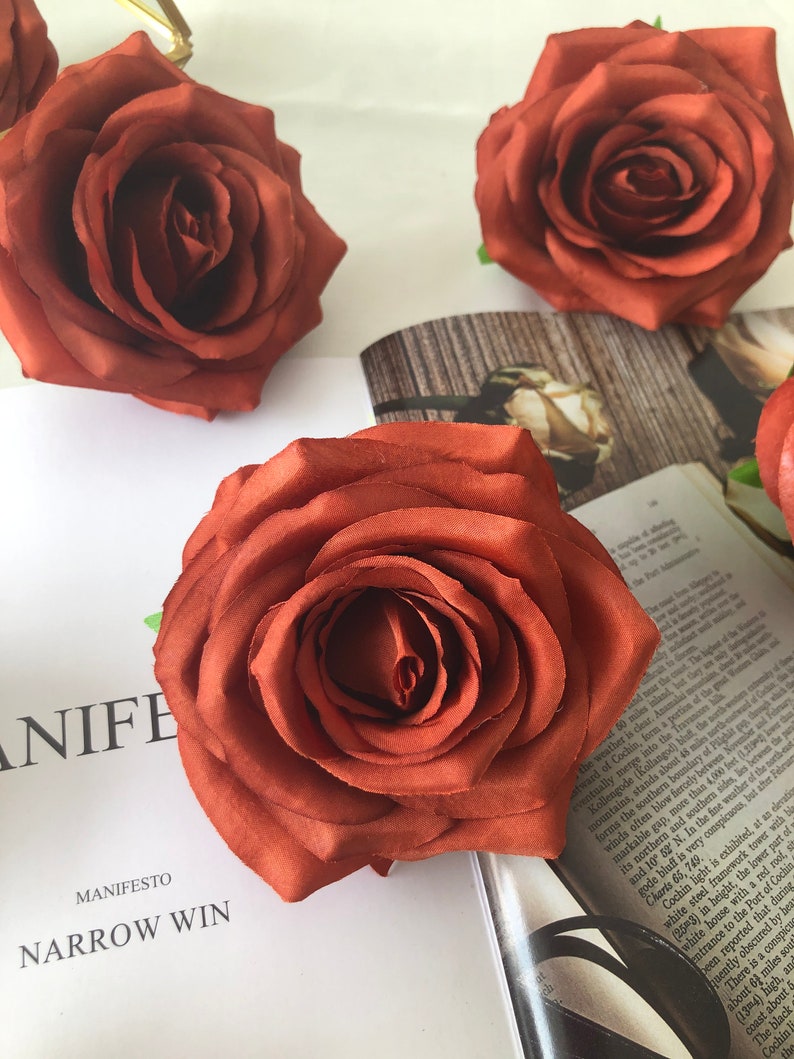 Fake Orange Roses 10-100pcs Burnt Orange Rose Artificial Rose Heads, 9cm Rust Orange ...