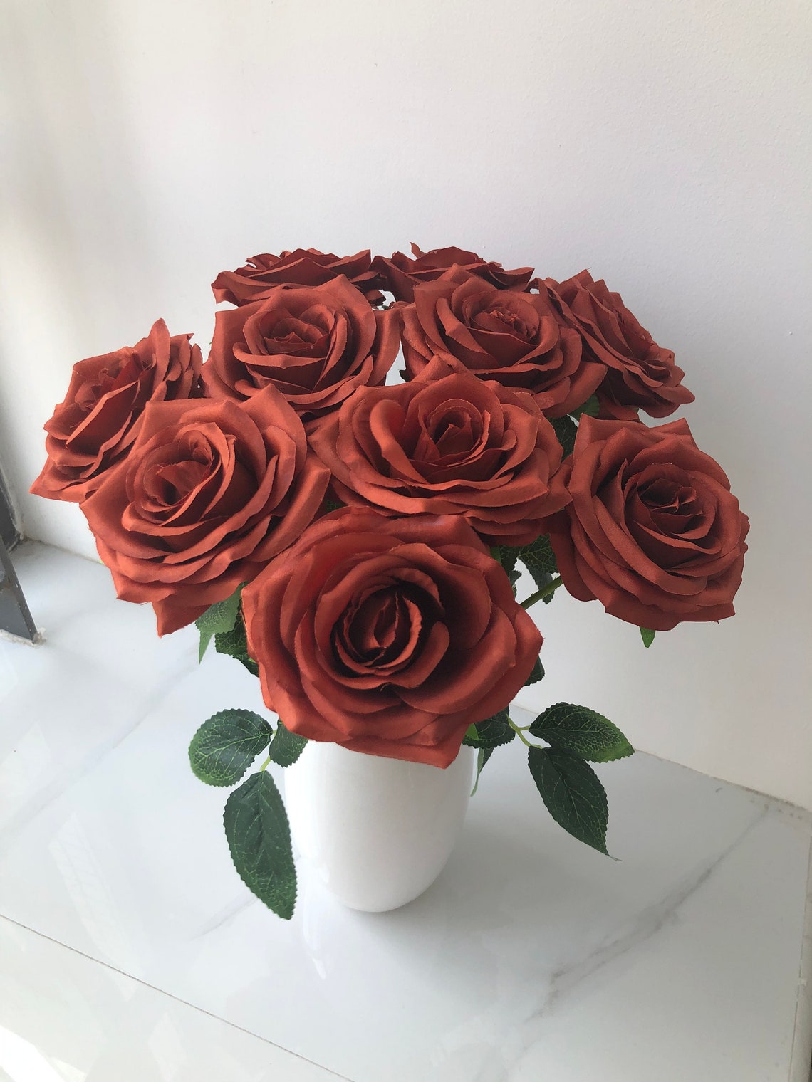 Burnt Orange Rose With Long Stems Artificial Silk Flowers Etsy Australia