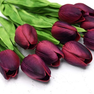 May include: A bouquet of artificial burgundy tulips with green stems. The tulips are arranged in a fan shape, with the tips of the flowers pointing towards the right side of the image.