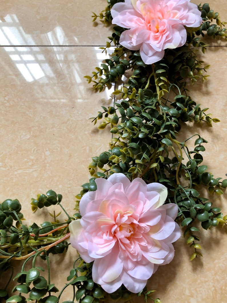 Artificial Eucalyptus Garland with Blush Dahlia Flowers Greenery Garland Eucalyptus Leaves Wedding Backdrop Wall Decor