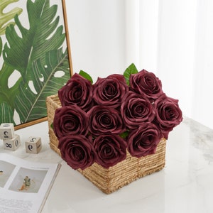 10pcs Burgundy Silk Rose with Long Stems Artificial Silk Rose Wine Red Silk Flowers for Wedding Floral Leaf Centerpieces