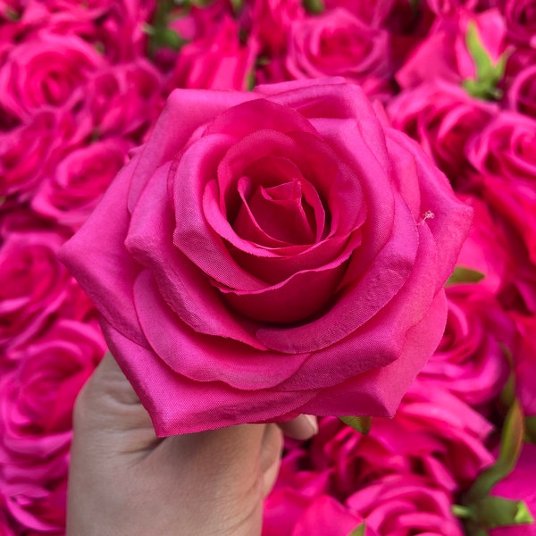10-100pcs Hot Pink Artificial Rose Têtes, 9cm Haute Qualité Roses Tête, Magenta Rouge Rose Tête Ensemble Fleurs Artificielles Faux Soie Roses Mariage