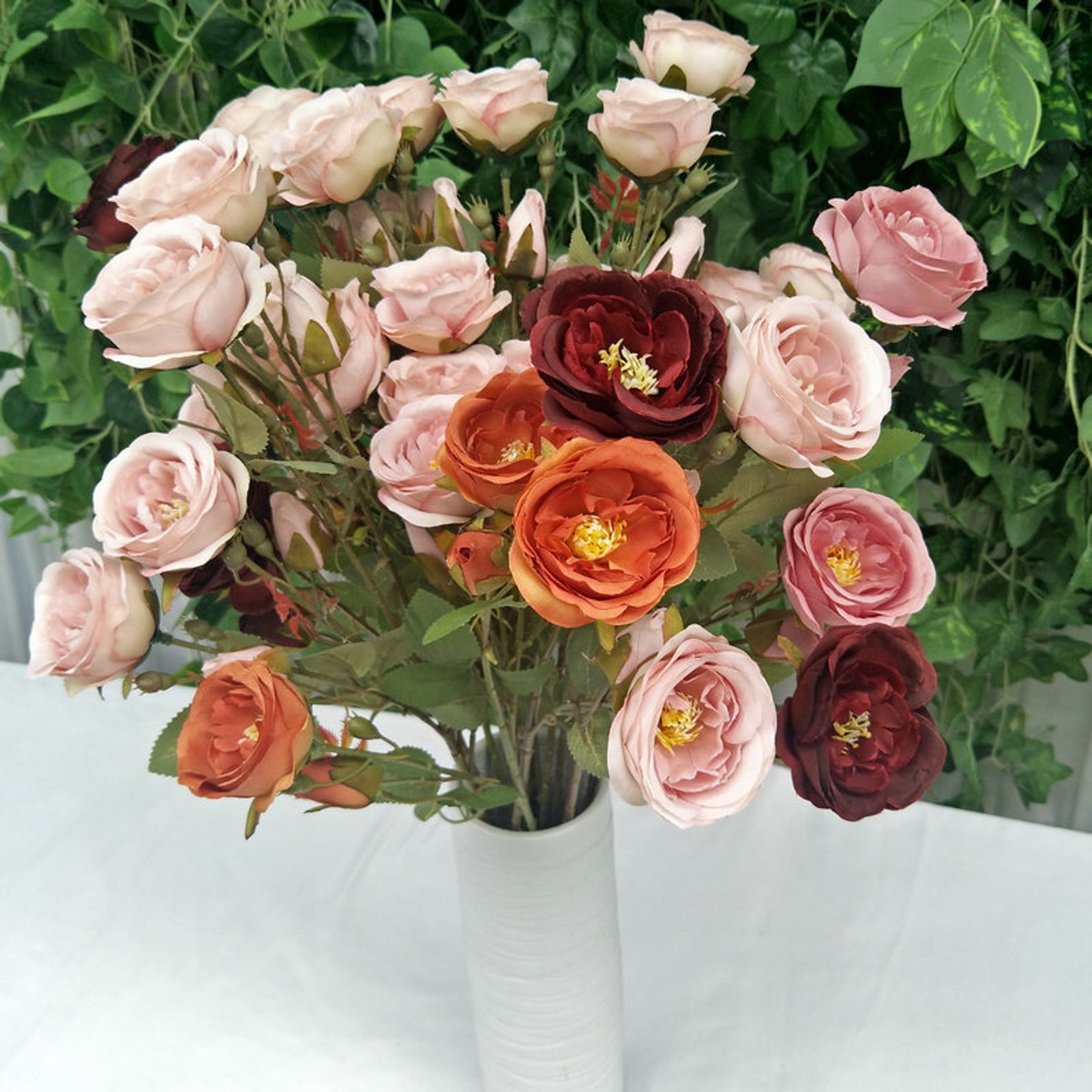 6 Head Artificial Camellia Flowers 6pcs Burgundy Silk Peony Etsy