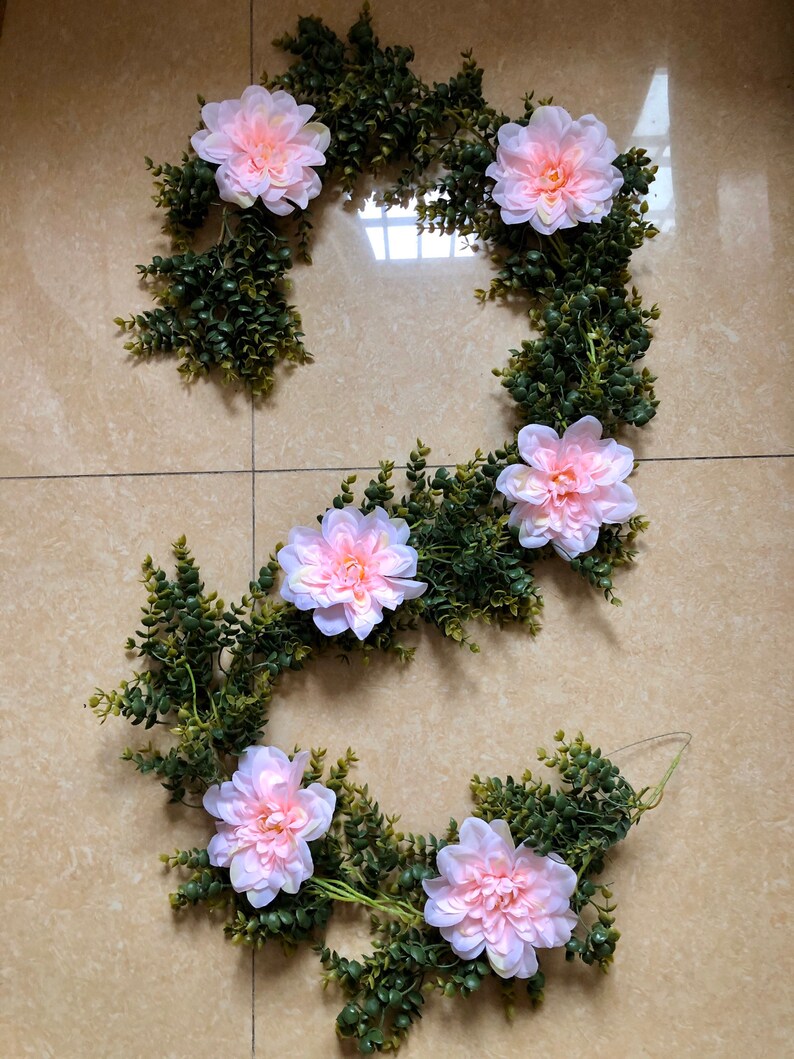 Artificial Eucalyptus Garland with Blush Dahlia Flowers Greenery Garland Eucalyptus Leaves Wedding Backdrop Wall Decor