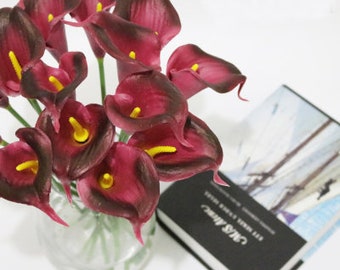 Real Touch Calla Lilies Artificial Flowers Wedding Bridal Bouquet Home Décor Party Floral Arrangments 10pcs Burgundy