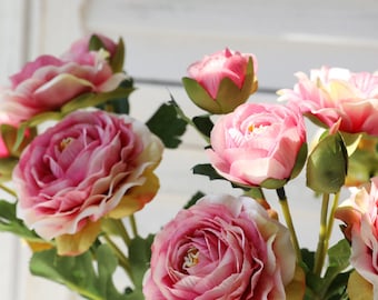 Seis cabezas Blanco Ranúnculo Tallos Flores Artificiales Falso tallo floral Seda Ranúnculo Persa / Ranúnculo Flores Tallo - 3Tallos