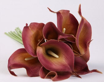 10pcs PU Calla Lily Flowers, Real Touch Flowers for Wedding Bouquets, Centerpieces Decor, Arrangements Decor Dark Brown