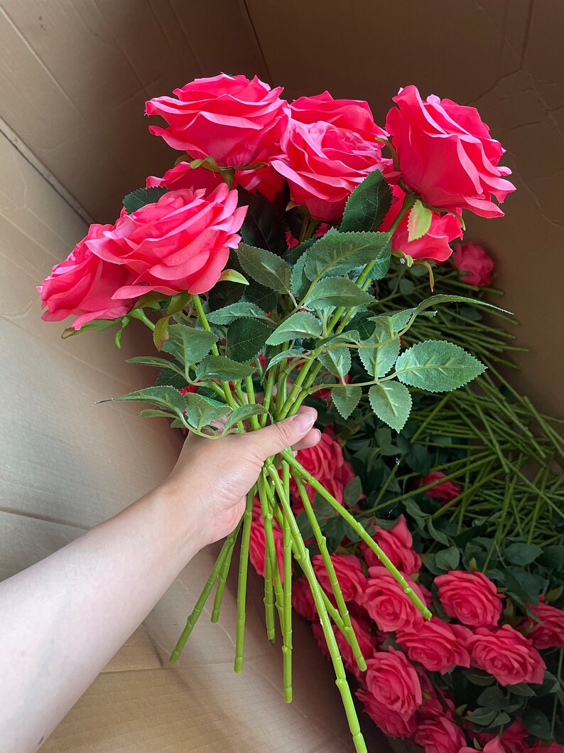 Watermelon Pink Rose With Long Stems Artificial Silk Flowers - Etsy