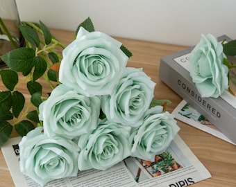 10pcs Sage Green Rose with Long Stems, Artificial Silk Flowers Green Silk Flowers for Wedding Floral Leaf Centerpieces