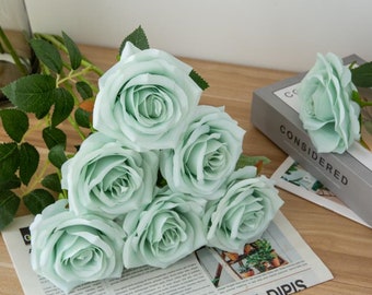 10pcs Sage Green Rose with Long Stems, Artificial Silk Flowers Green Silk Flowers for Wedding Floral Leaf Centerpieces