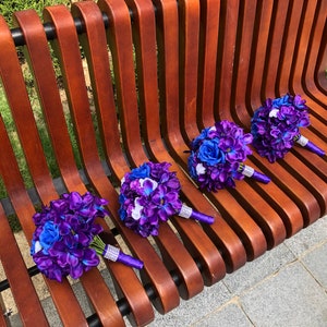 Cascade Bridal Bouquet Packages, Wedding Bouquet Packages, Wedding Corsages ,Bridemaid Bouquets, Toss Away Bouquets, Purple and Blue Bouquet