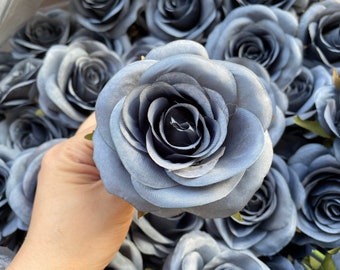 2022 Steel Blue Silk Flowers Fake High Quality Roses Dusty Blue Flowers Head Only Blue Silk Flowers for Big Day Wedding Flowers