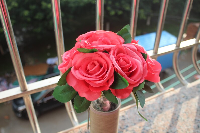 with leaves and long stems 10-100pcs Coral Silk Roses Head Artificial Roses Flower Head for Wedding Bouquets Wall Decoration Centerpieces